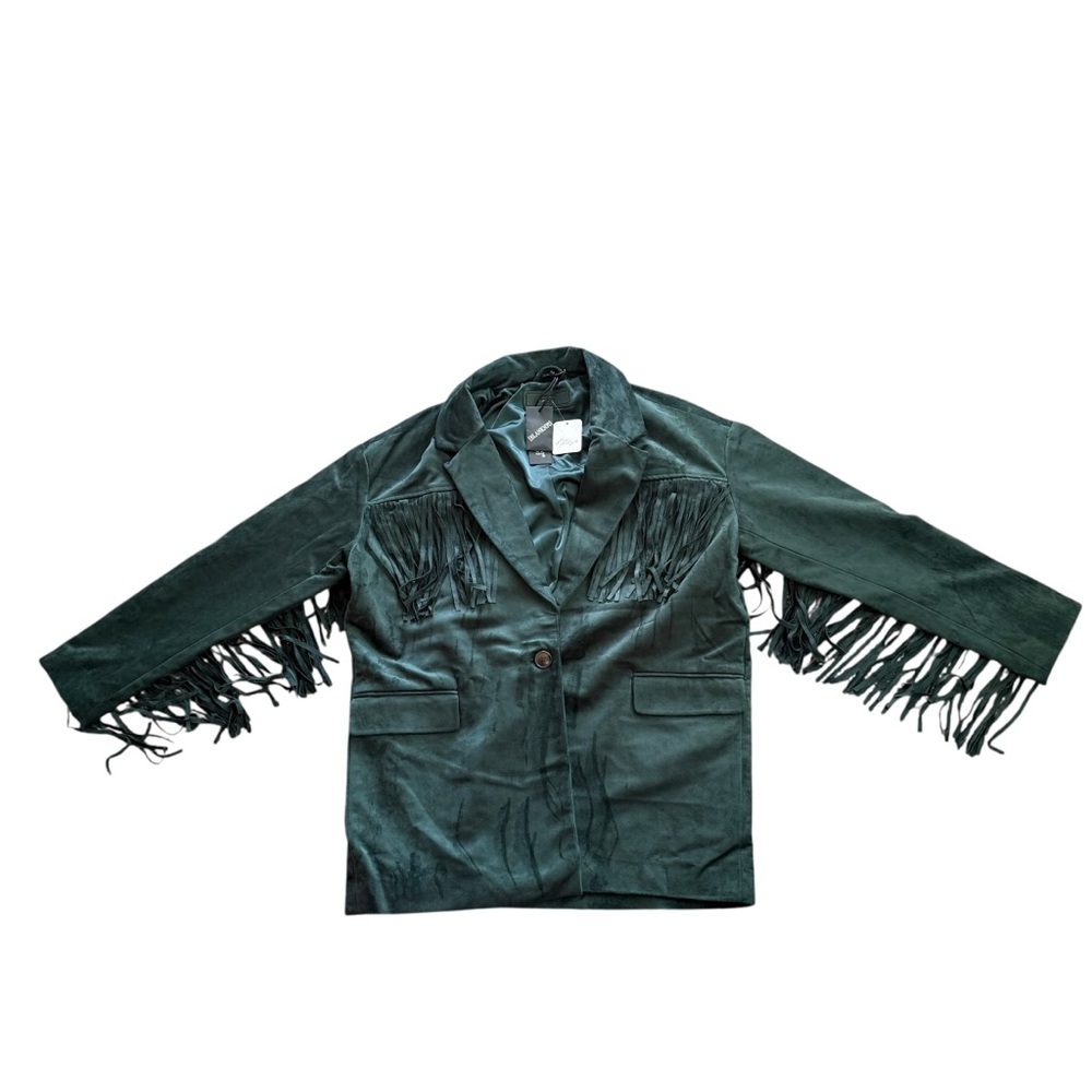 BLANK NYC Deep Dive Faux Suede Fringe Blazer Jacket Dark Teal Green Small New - Picture 2 of 8